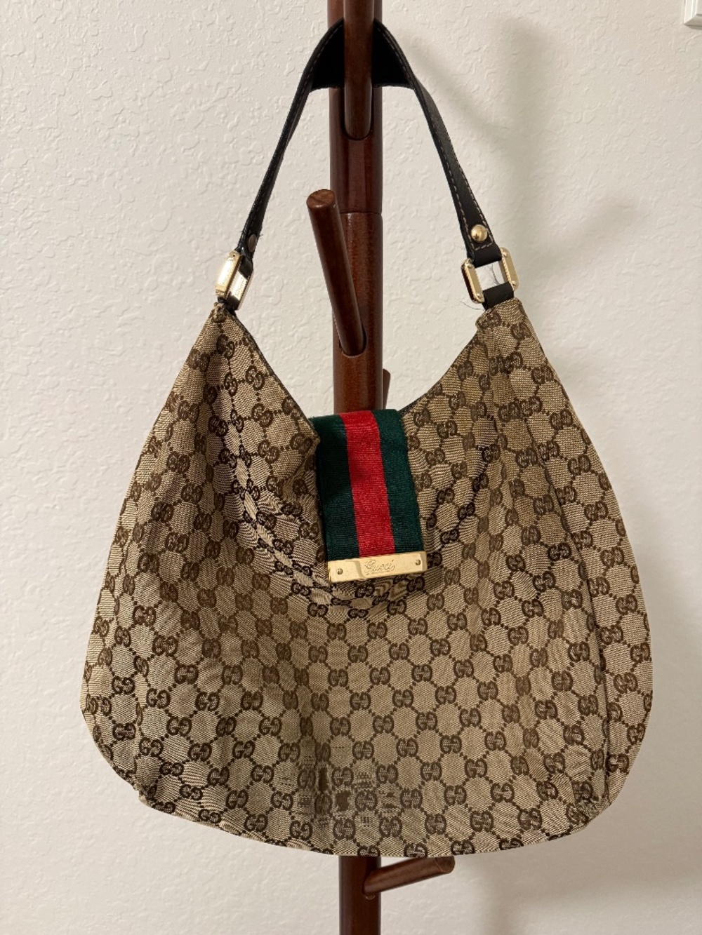 ucci New Ladies Web GG Canvas Large Hobo Bag 211933 Brown Beige Vintage